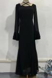 Party Elegant Solid Color Ruffle Cross Straps Ruched Mesh Square Neck Long Dresses