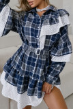 Casual Daily Plaid Lace Patchwork Ruffle With Belt Contrast Turndown Collar Shirt Dresses