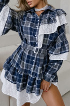 Casual Daily Plaid Lace Patchwork Ruffle With Belt Contrast Turndown Collar Shirt Dresses