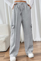Business Wear Sportswear Solid Color Draw String Pocket Loose High Waist Straight Solid Color Bottoms