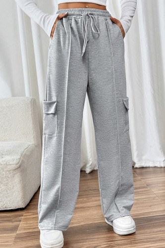 Business Wear Sportswear Solid Color Draw String Pocket Loose High Waist Straight Solid Color Bottoms