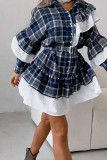 Casual Daily Plaid Lace Patchwork Ruffle With Belt Contrast Turndown Collar Shirt Dresses