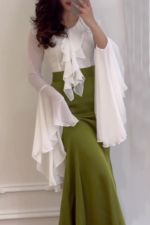 Celebrities Elegant Solid Color Stringy Selvedge Contrast V Neck Wrapped Skirt Dresses