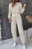 Casual Street Solid Color Pocket Lace Up Texture O Neck Long Sleeve Two Pieces