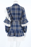 Casual Daily Plaid Lace Patchwork Ruffle With Belt Contrast Turndown Collar Shirt Dresses