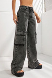 Casual Street Solid Color Distressed Pocket High Waist Loose Denim Jeans