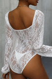 Sexy Solid Color Lace See-Through V Neck Skinny Bodysuits