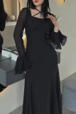 Party Elegant Solid Color Ruffle Cross Straps Ruched Mesh Square Neck Long Dresses