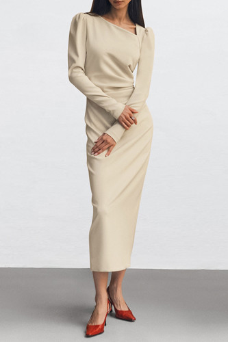 Daily Elegant Solid Color Ruched Irregular Oblique Collar One Step Skirt Dresses