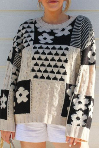 Casual Colorblock Flowers Weave Contrast O Neck Tops