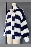 Casual Stripe Buttons Weave Contrast V Neck Tops