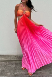Sexy Vacation Gradient Color Strap Design Pleated Contrast Halter Pleated Dresses