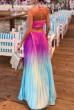 Sexy Vacation Gradient Color Strap Design Pleated Contrast Halter Pleated Dresses