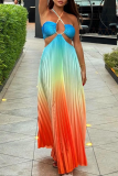 Sexy Vacation Gradient Color Strap Design Pleated Contrast Halter Pleated Dresses