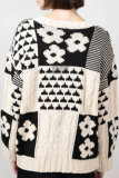 Casual Colorblock Flowers Weave Contrast O Neck Tops