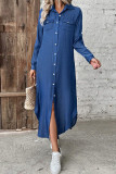 Casual Street Solid Color Buckle Slit Turndown Collar Plus Size Dresses
