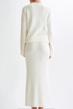 Elegant Solid Color Buttons Weave O Neck Long Sleeve Two Pieces