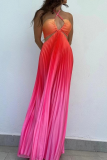 Sexy Vacation Gradient Color Strap Design Pleated Contrast Halter Pleated Dresses