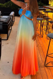 Sexy Vacation Gradient Color Strap Design Pleated Contrast Halter Pleated Dresses