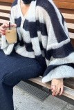 Casual Stripe Buttons Weave Contrast V Neck Tops