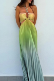 Sexy Vacation Gradient Color Strap Design Pleated Contrast Halter Pleated Dresses