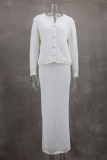 Elegant Solid Color Buttons Weave O Neck Long Sleeve Two Pieces