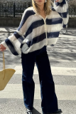 Casual Stripe Buttons Weave Contrast V Neck Tops
