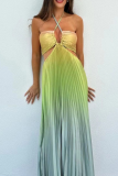 Sexy Vacation Gradient Color Strap Design Pleated Contrast Halter Pleated Dresses