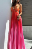 Sexy Vacation Gradient Color Strap Design Pleated Contrast Halter Pleated Dresses