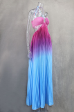 Sexy Vacation Gradient Color Strap Design Pleated Contrast Halter Pleated Dresses