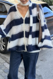 Casual Stripe Buttons Weave Contrast V Neck Tops