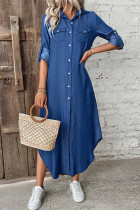 Casual Street Solid Color Buckle Slit Turndown Collar Plus Size Dresses