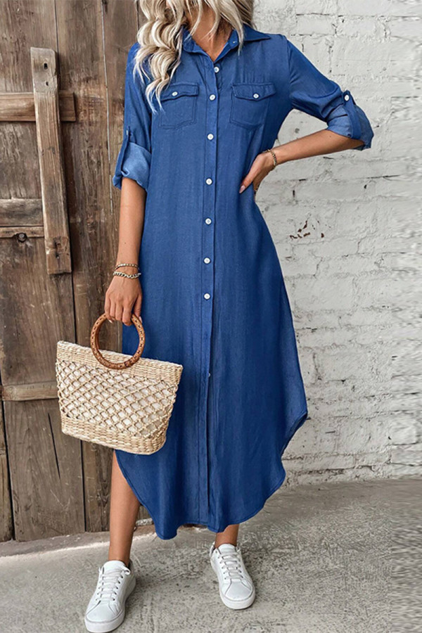 Casual Street Solid Color Buckle Slit Turndown Collar Plus Size Dresses