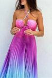 Sexy Vacation Gradient Color Strap Design Pleated Contrast Halter Pleated Dresses
