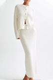 Elegant Solid Color Buttons Weave O Neck Long Sleeve Two Pieces
