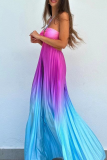 Sexy Vacation Gradient Color Strap Design Pleated Contrast Halter Pleated Dresses