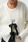 Casual Solid Color Bow Decor Weave V Neck Outerwear