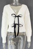 Casual Solid Color Bow Decor Weave V Neck Outerwear