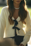 Casual Solid Color Bow Decor Weave V Neck Outerwear