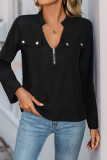Casual Street Solid Color Buttons Zipper V Neck Tops