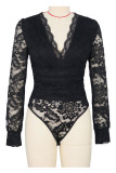 Sexy Solid Color Lace Hollow Out V Neck Skinny Bodysuits