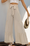 Casual Solid Color Lace Up Ruffle Loose High Waist Wide Leg Solid Color Bottoms