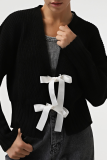 Casual Solid Color Bow Decor Weave V Neck Outerwear