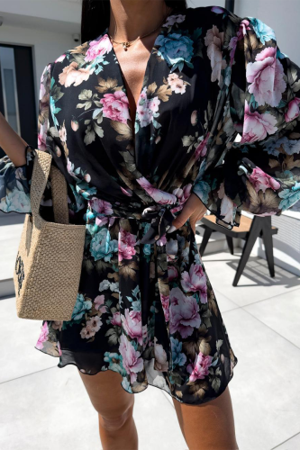 Casual Vacation Zebra Print Flowers Lace Up Contrast V Neck Loose Rompers