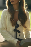 Casual Solid Color Bow Decor Weave V Neck Outerwear