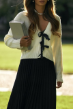 Casual Solid Color Bow Decor Weave V Neck Outerwear