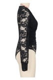 Sexy Solid Color Lace Hollow Out V Neck Skinny Bodysuits
