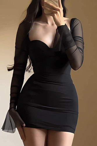 Sexy Solid Color Mesh V Neck Wrapped Skirt Dresses