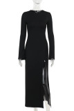 Elegant Solid Color Slit O Neck Wrapped Skirt Dresses