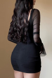 Sexy Solid Color Mesh V Neck Wrapped Skirt Dresses